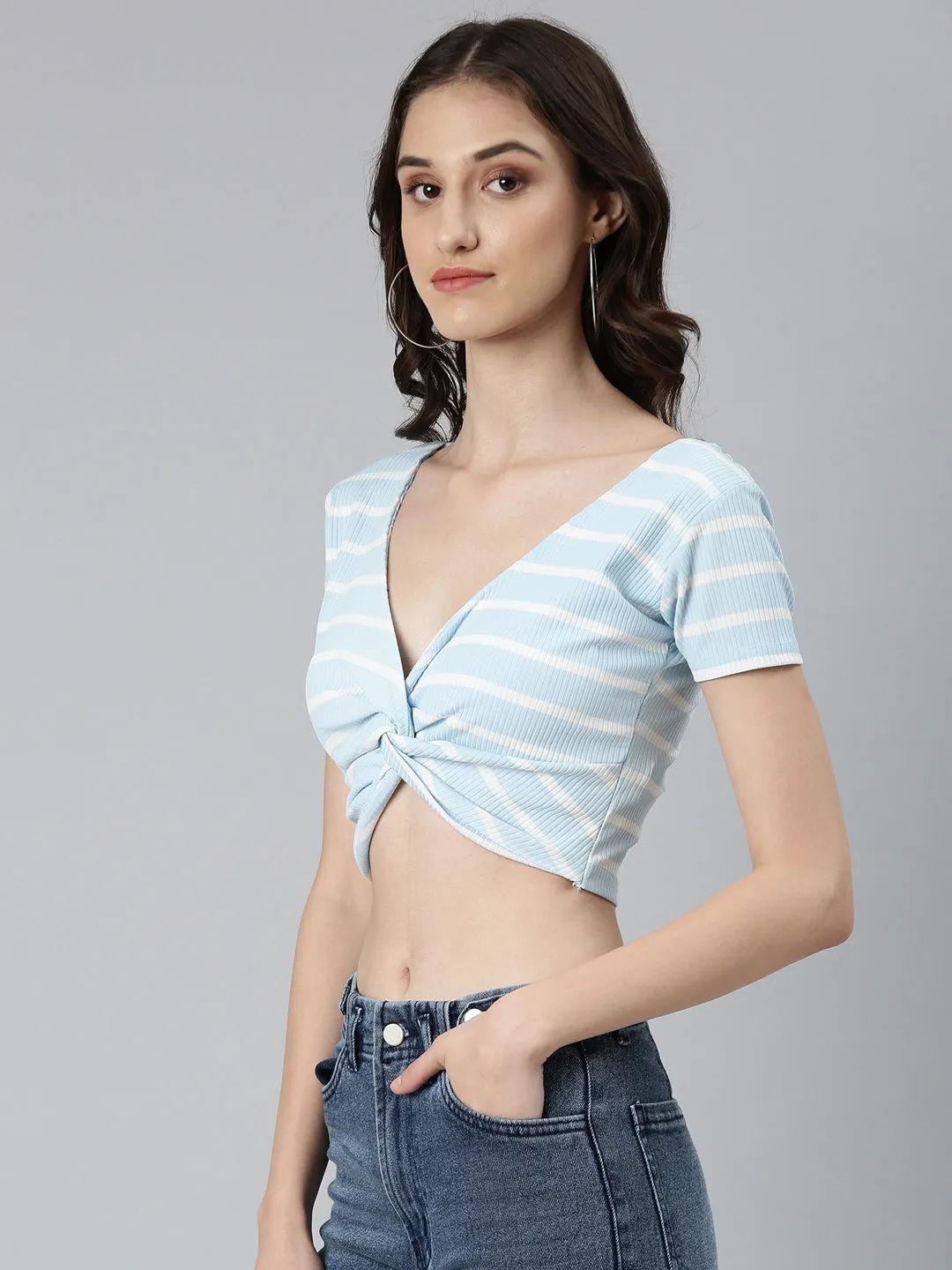 Breathable Comfort Fresh Comfort Style Women's Blue Striped Twisted Cotton Crop Top