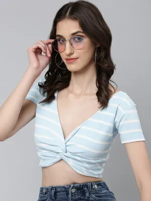 Street Comfort Style Quick Fit Women's Blue Striped Twisted Cotton Crop Top