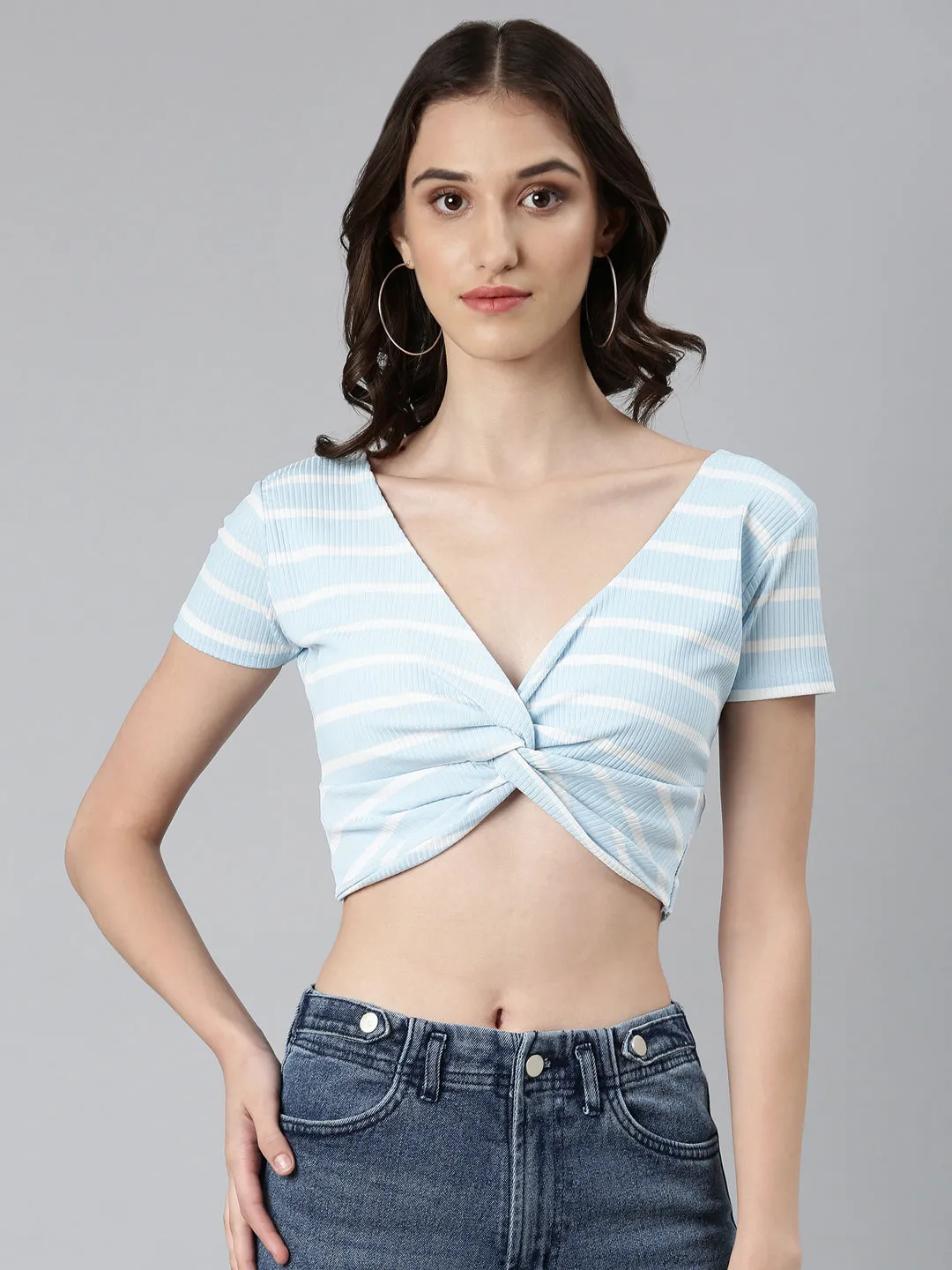 Women's Blue Striped Twisted Cotton Crop Top Soft Knit