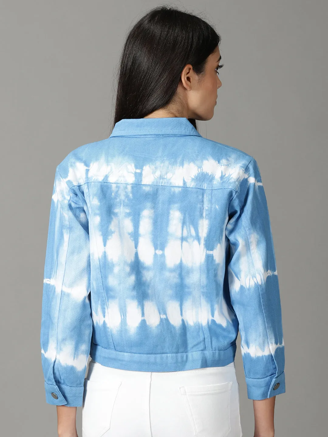 Stretch Paneling Women's Blue Tie and Dye Crop Denim Jacket