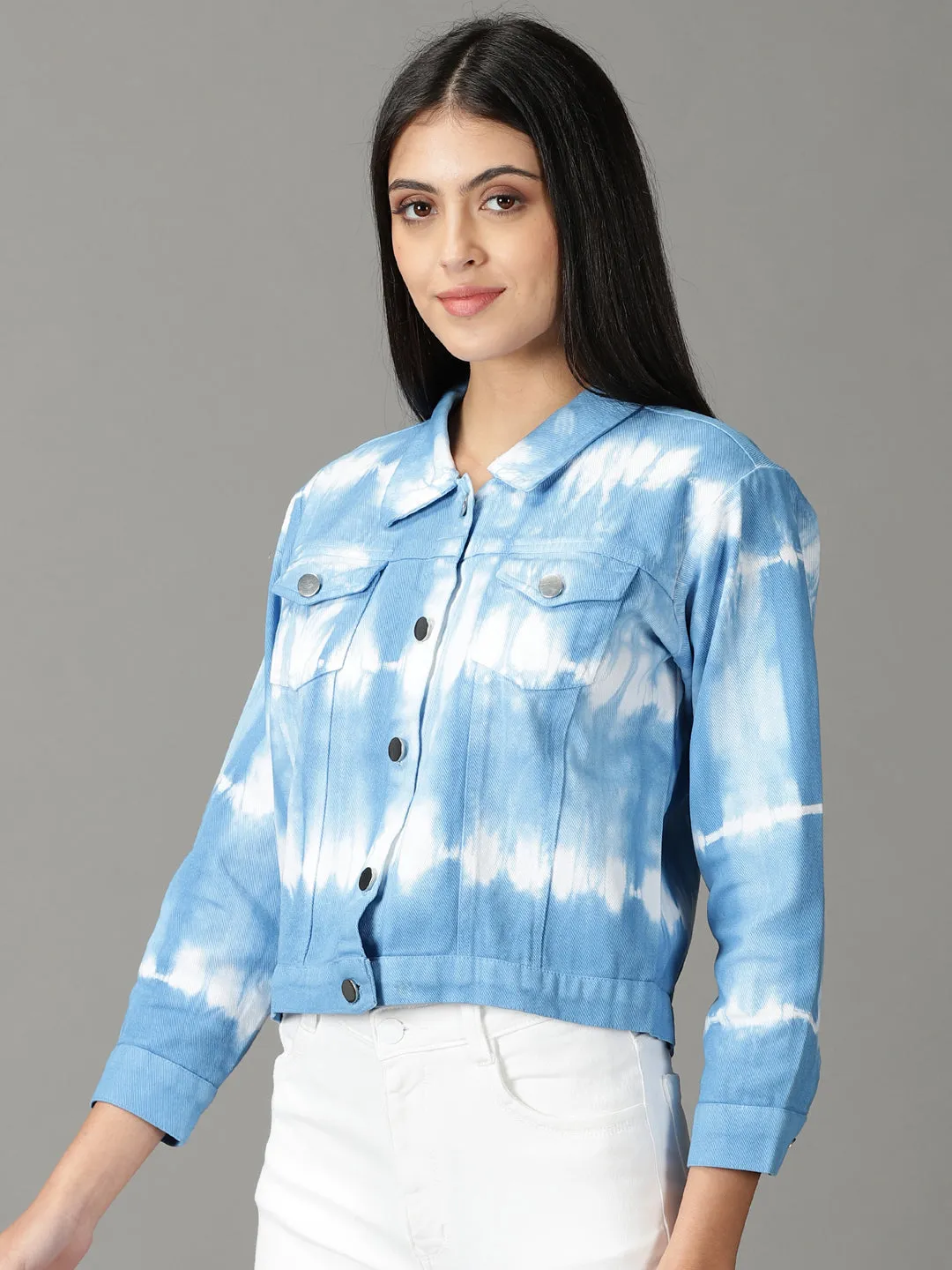 Button Fastenings Anti Pill Technology Women's Blue Tie and Dye Crop Denim Jacket