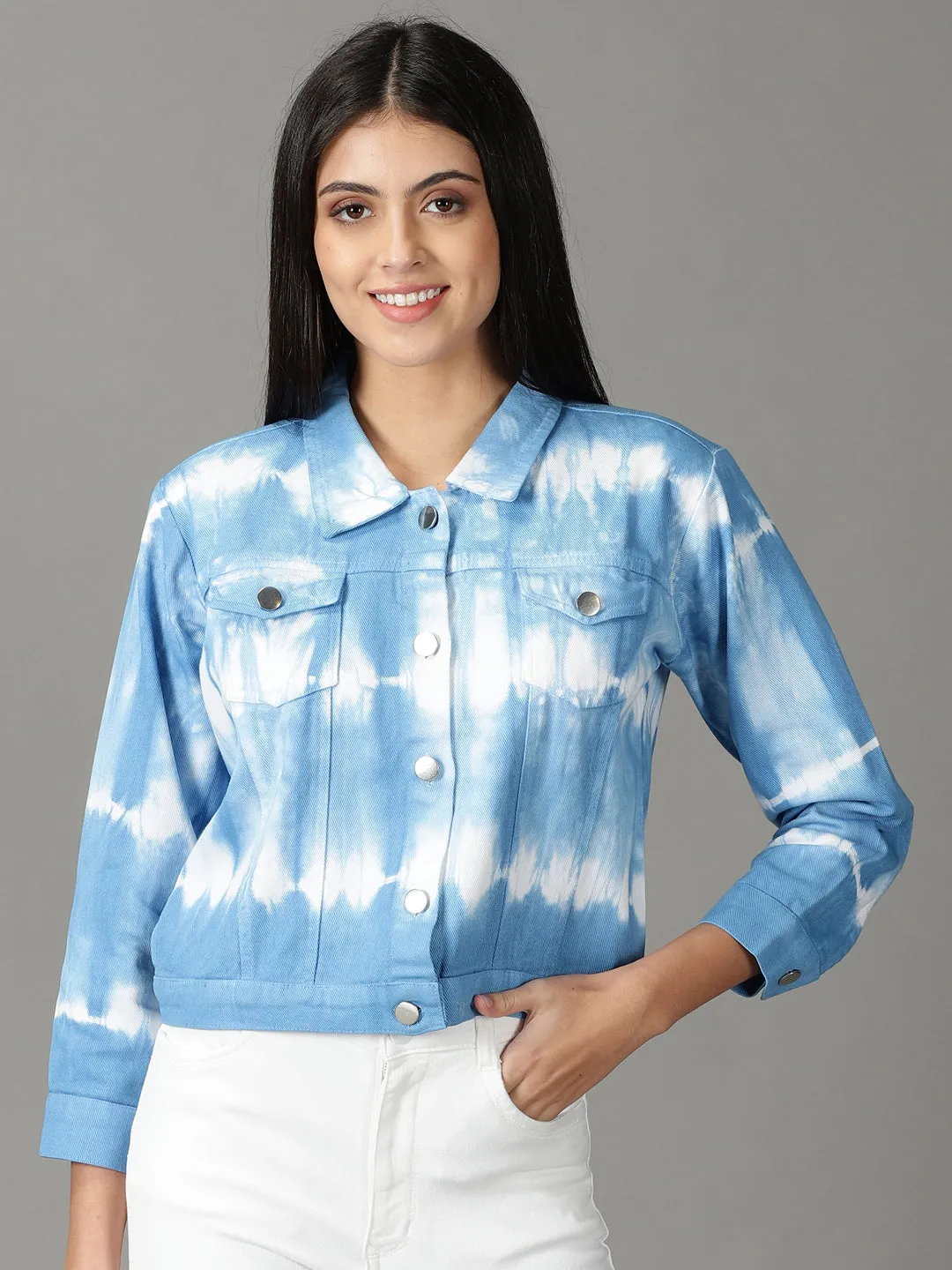 Women's Blue Tie and Dye Crop Denim Jacket Single Buttons