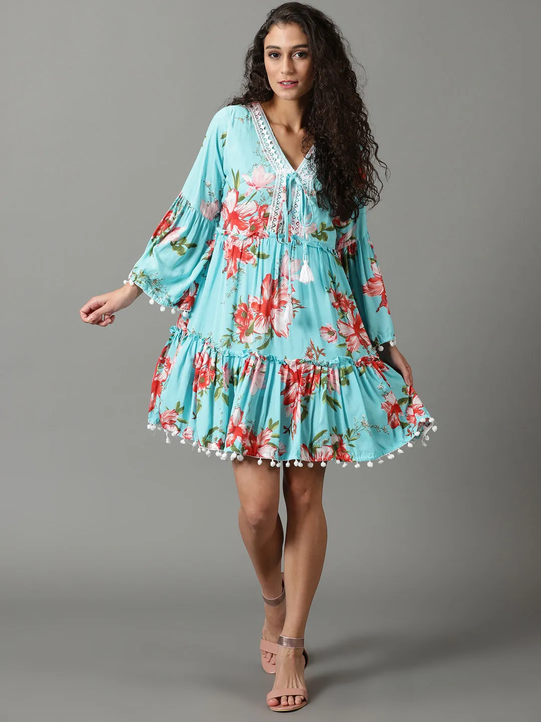 Waist Seam Lightweight-Layer Women's Blue V-Neck Floral Printed Tiered Crepe A-Line Dress