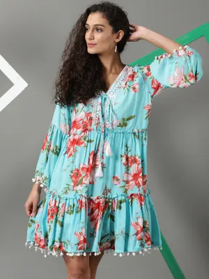 Shine Moment Women's Blue V-Neck Floral Printed Tiered Crepe A-Line Dress