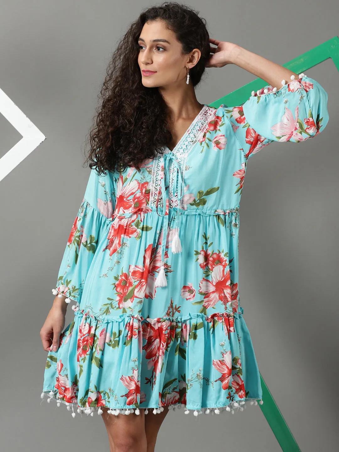 Shine Moment Women's Blue V-Neck Floral Printed Tiered Crepe A-Line Dress