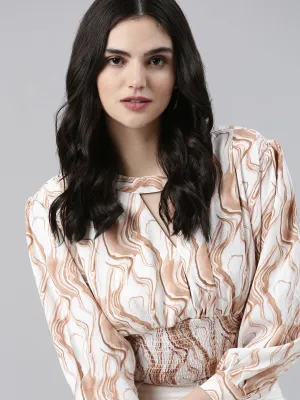 Soft and Stylish Women's Brown Animal Print Crepe Cinched Waist Top