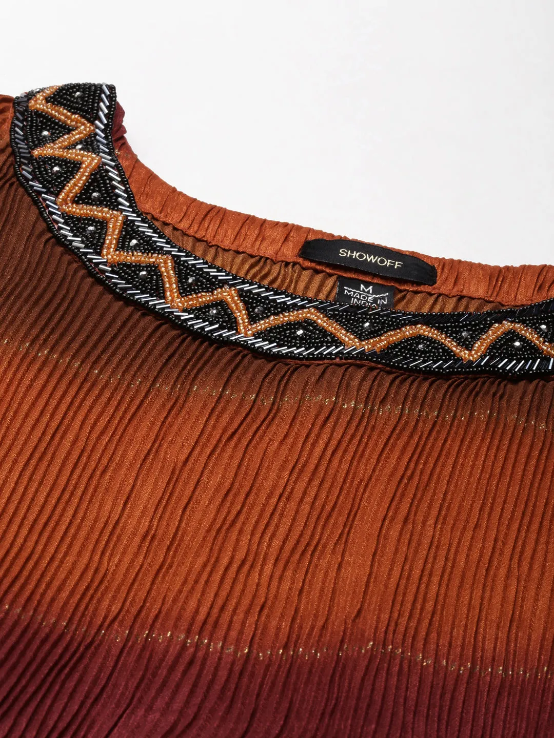 Women's Brown Colour blocked Embellished Accordion Pleated Georgette Fit & Flare Dress With Belt Scandi Clean Ruffle Hem