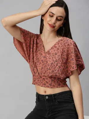 Women's Brown Floral Print Crepe Blouson Crop Top Reinforced Hems