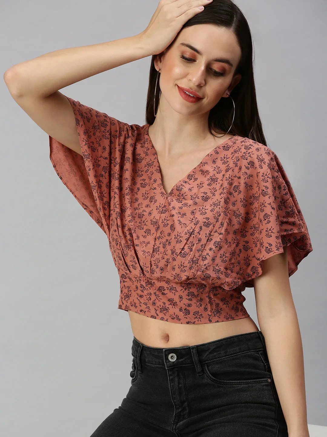 Women's Brown Floral Print Crepe Blouson Crop Top Reinforced Hems