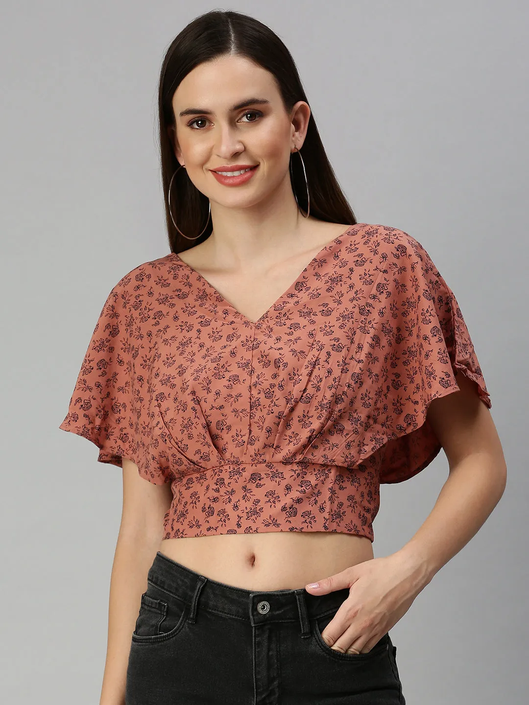 Women's Brown Floral Print Crepe Blouson Crop Top Odor-resistant Compact Stitch Pattern