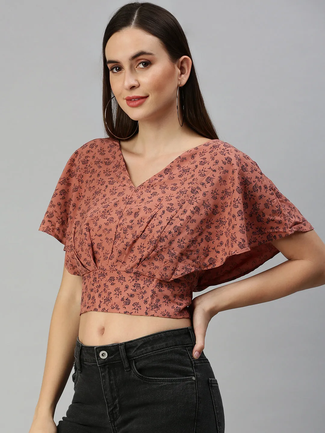Women's Brown Floral Print Crepe Blouson Crop Top Cozy Design Fit Timeless Fit