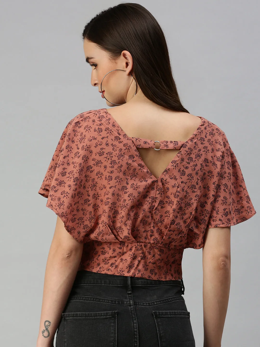 Women's Brown Floral Print Crepe Blouson Crop Top Comfy Wear