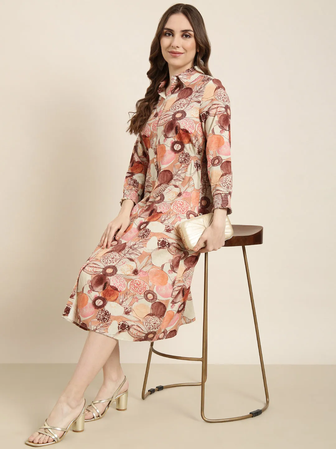 Stylish Look Women's Brown Floral Print Three-Quarter Sleeves Shirt Midi Dress