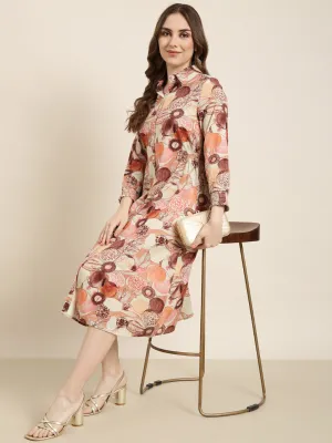 Stylish Look Women's Brown Floral Print Three-Quarter Sleeves Shirt Midi Dress