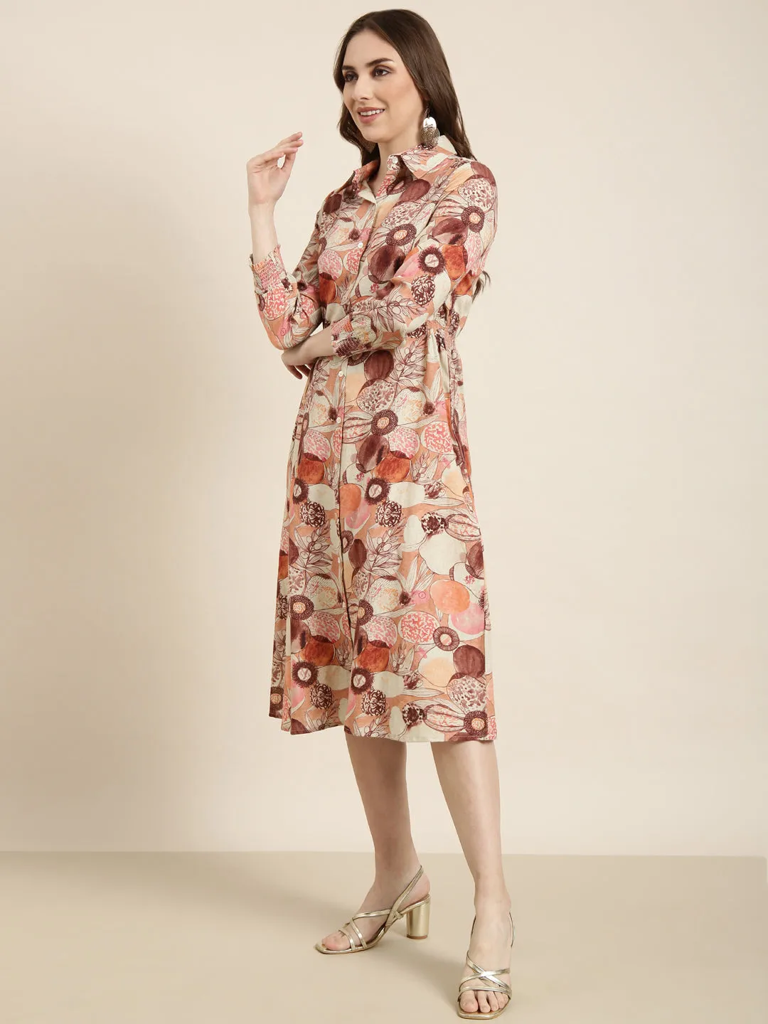 Gentle Aesthetic Women's Brown Floral Print Three-Quarter Sleeves Shirt Midi Dress