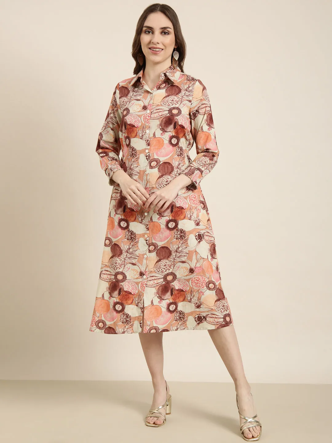 Women's Brown Floral Print Three-Quarter Sleeves Shirt Midi Dress Flowy Layers