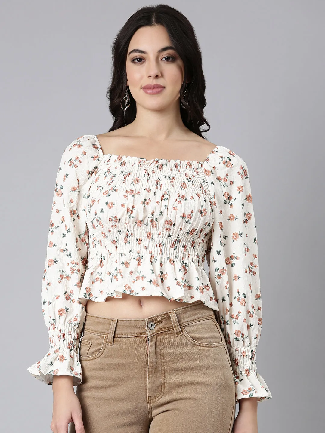 Women's Brown Floral Printed Square Neck Puff Sleeves Crop Fitted Top Men's masculinity