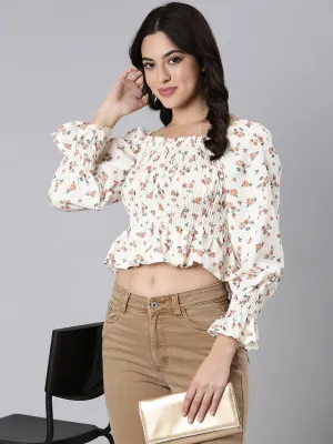Women's Brown Floral Printed Square Neck Puff Sleeves Crop Fitted Top Tight Fit All-Season Wear