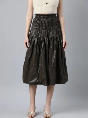 Women's Brown Monochrome Flared Midi Length Skirt Built In Shorts