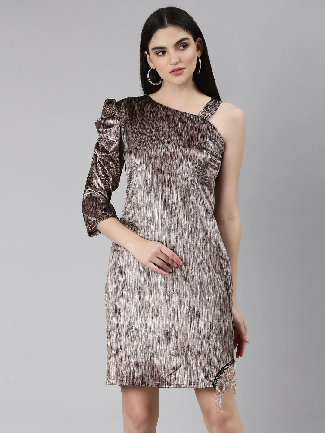 Women's Brown One Shoulder Puff Sleeve Velvet Sheath Dress Light Fall