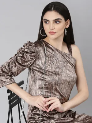 Noble Aura Women's Brown One Shoulder Puff Sleeve Velvet Sheath Dress