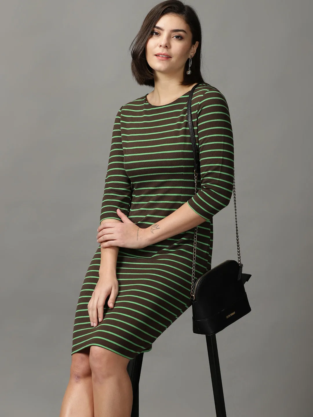 Women's Brown Striped Acrylic Sheath Dress Mood Casual