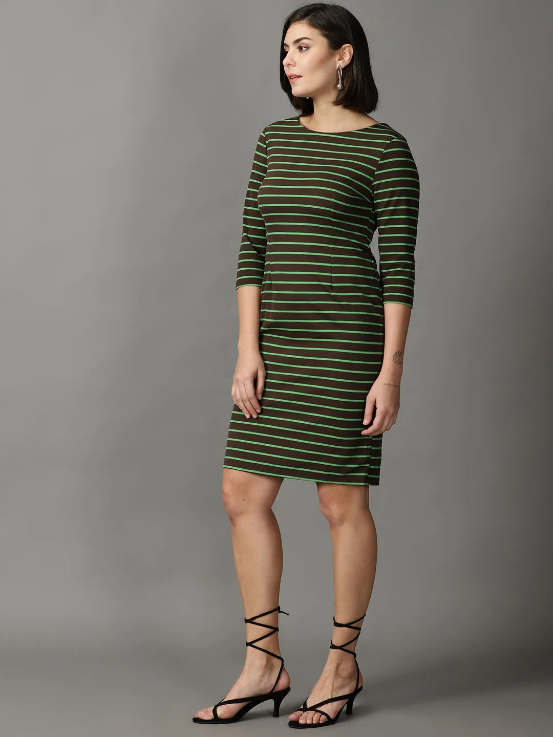 Women's Brown Striped Acrylic Sheath Dress Trendy Cut