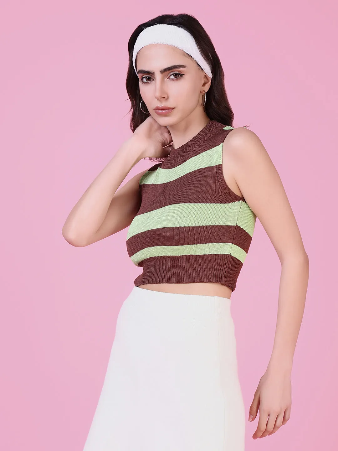 Women's Brown Striped Crop Top Preppy Quality Comfort
