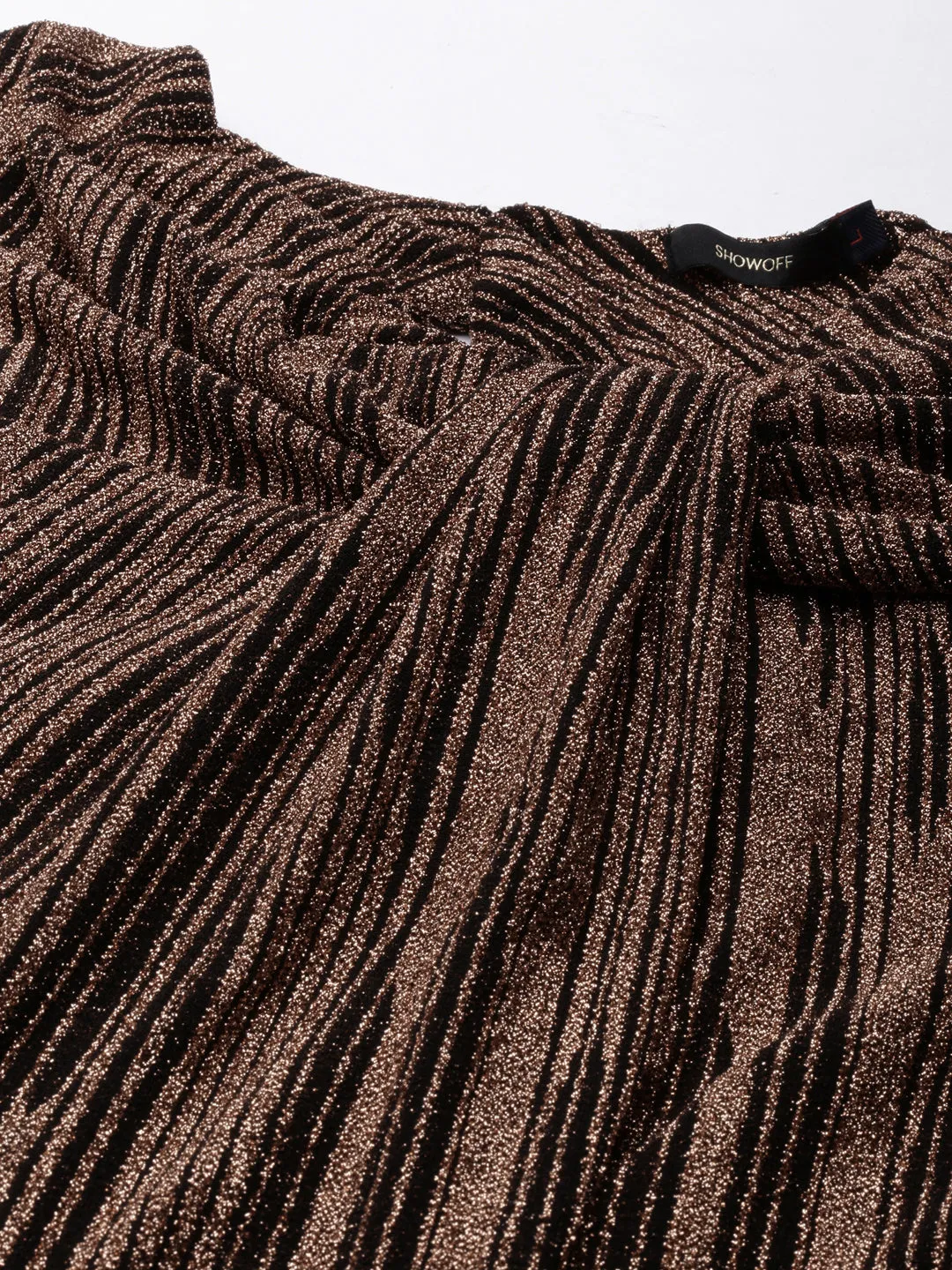Subtle Fit Women's Brown Striped V-Neck Puff Sleeves Bling & Sparkly Detail A-Line Maxi Dress