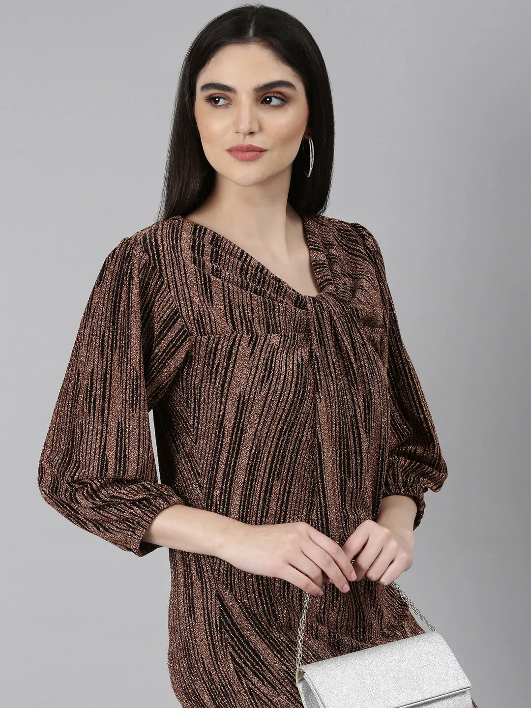 Women's Brown Striped V-Neck Puff Sleeves Bling & Sparkly Detail A-Line Maxi Dress Fashion Mix Perfectly Crafted