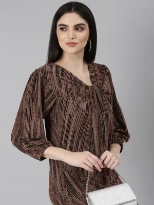 Women's Brown Striped V-Neck Puff Sleeves Bling & Sparkly Detail A-Line Maxi Dress Fashion Mix Perfectly Crafted