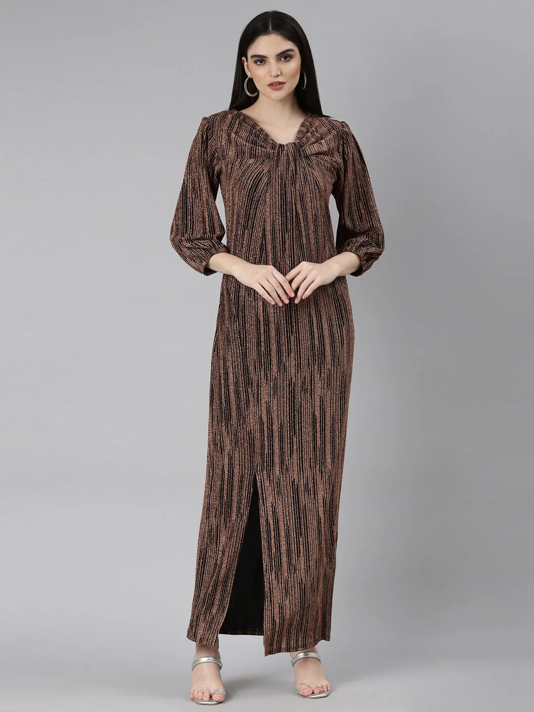 Sweetheart Cut budget-friendly Women's Brown Striped V-Neck Puff Sleeves Bling & Sparkly Detail A-Line Maxi Dress