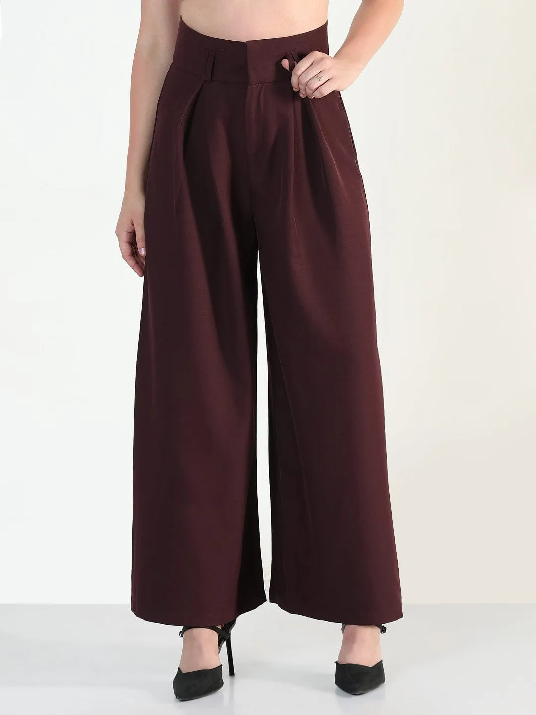 Women's Burgundy Relaxed Fit Wide Leg Trousers Breathable Comfort Fit