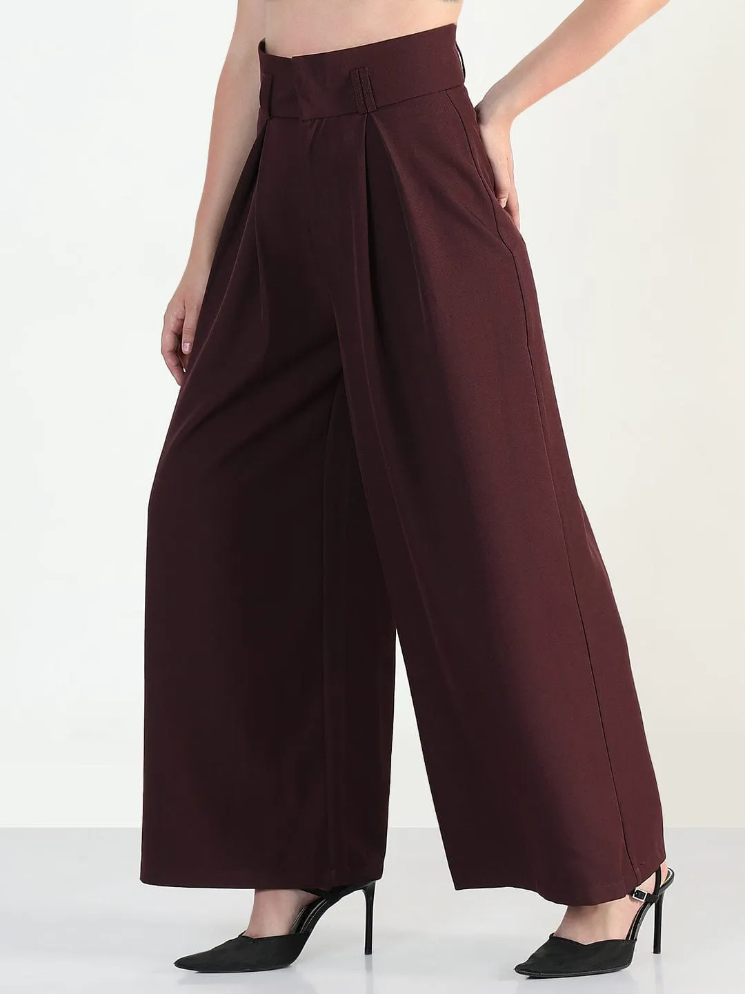 Tear Resistant Design BreathableLining Women's Burgundy Relaxed Fit Wide Leg Trousers