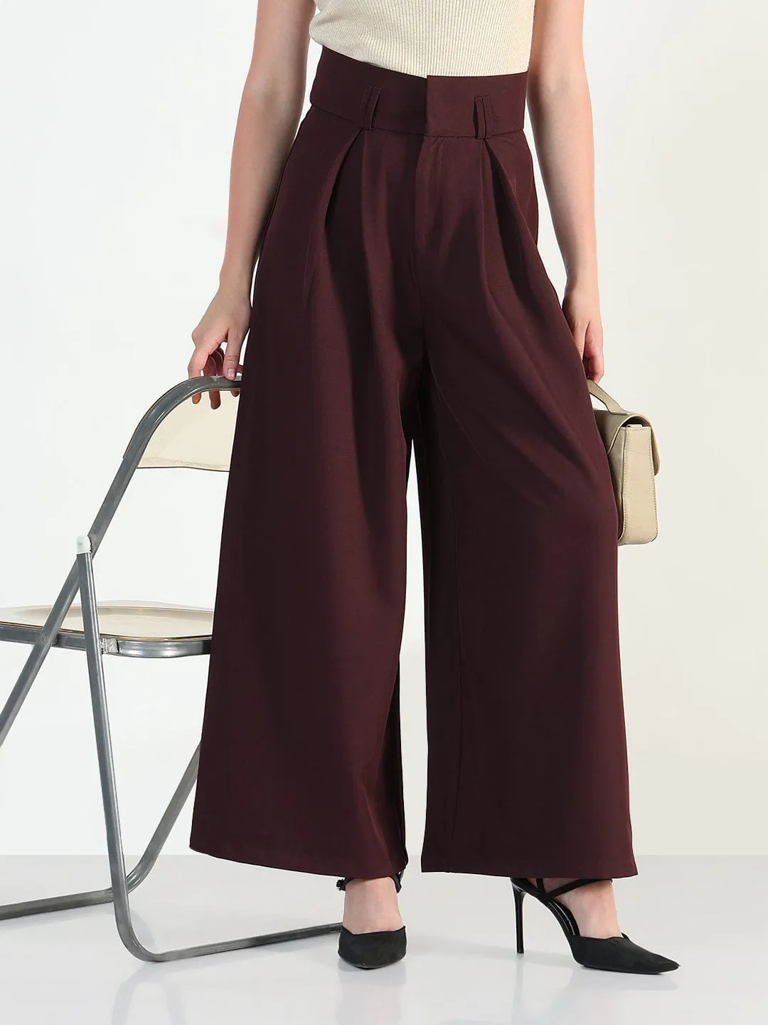 Women's Burgundy Relaxed Fit Wide Leg Trousers All terrain Breathable back panel