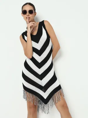 Women's Colourblocked Black Bodycon Dress with Fringe Hem Beach Walk Party Floral