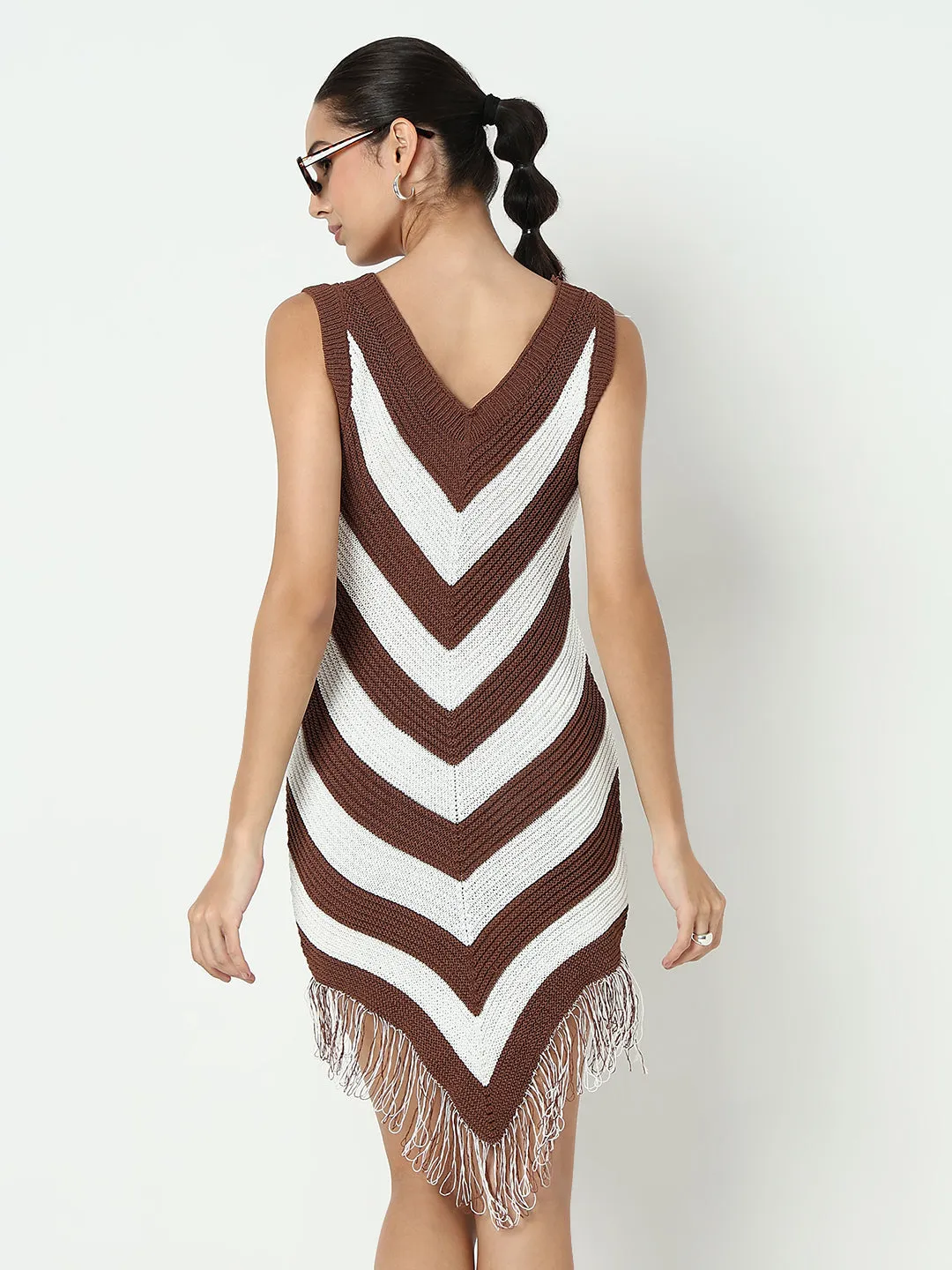 Women's Colourblocked Brown Bodycon Dress with Fringe Hem Comfy Flex Trendy Look