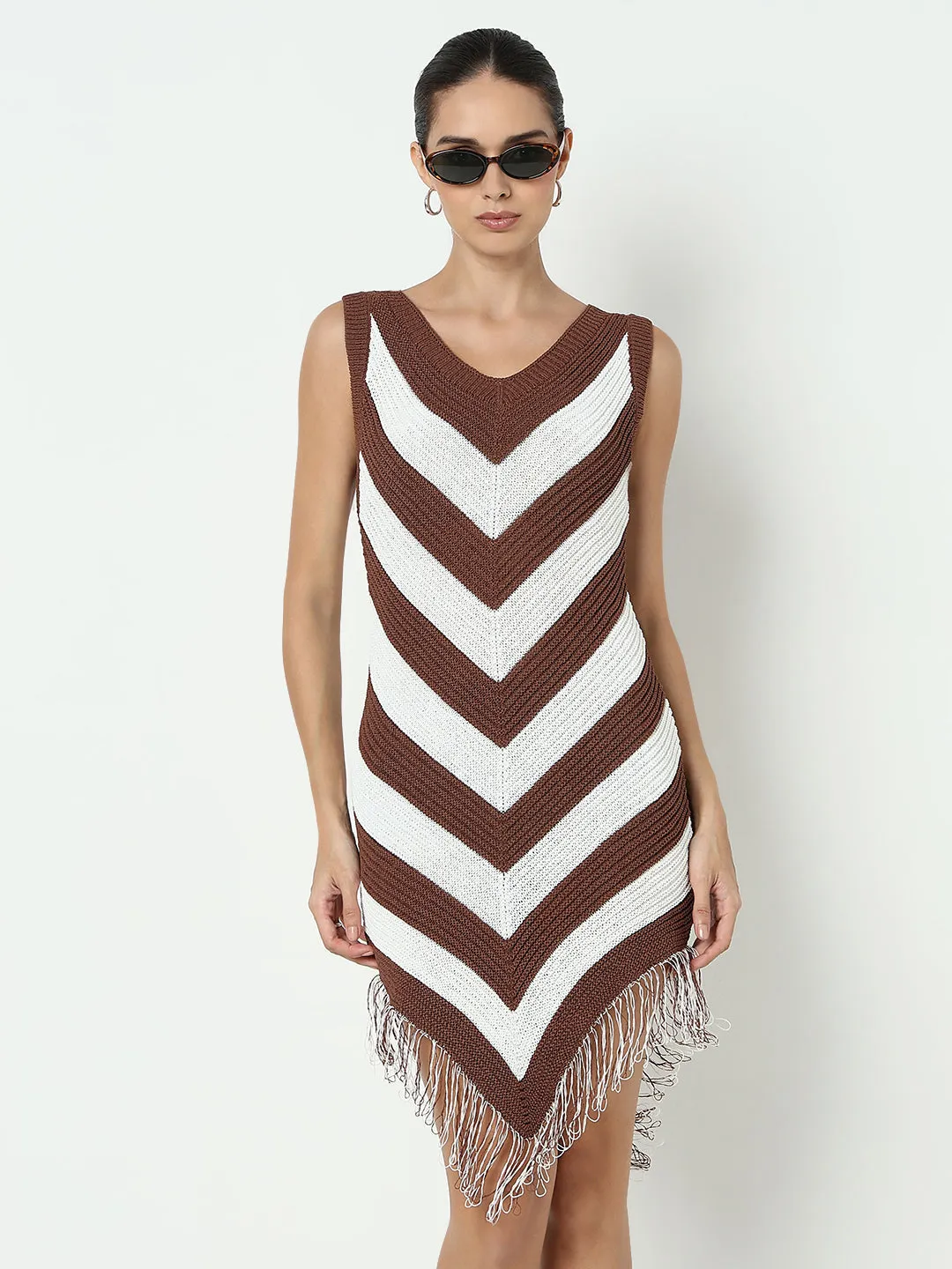 Sleek Feel Women's Colourblocked Brown Bodycon Dress with Fringe Hem