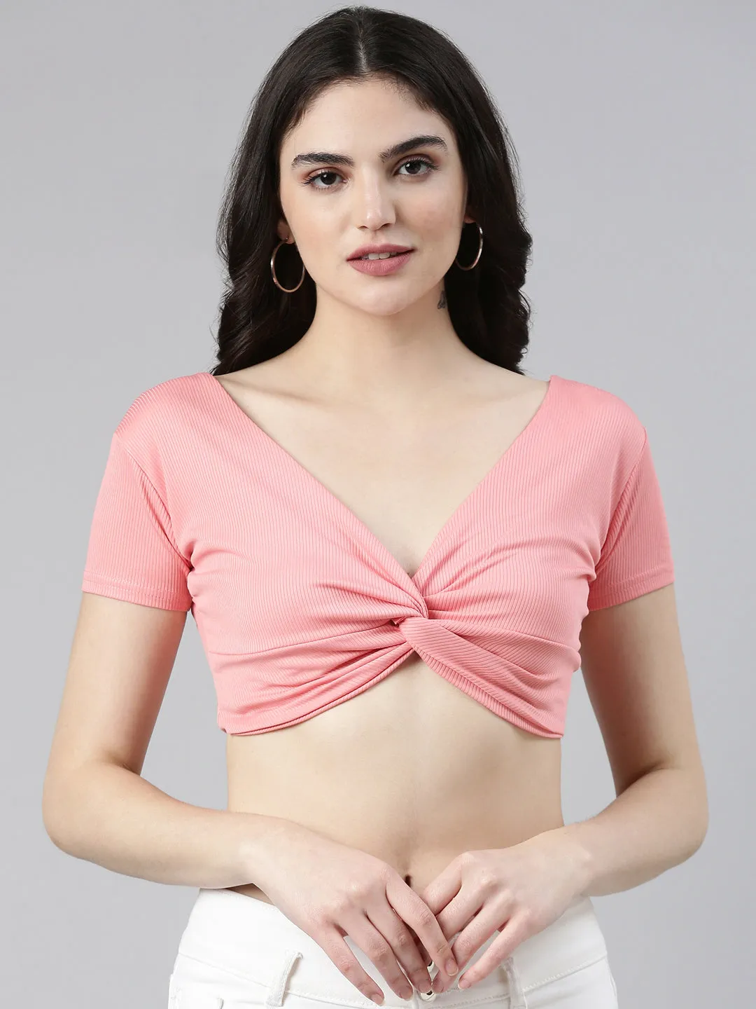 Women's Coral V-Neck Twisted Crop Top Quick Release Hem