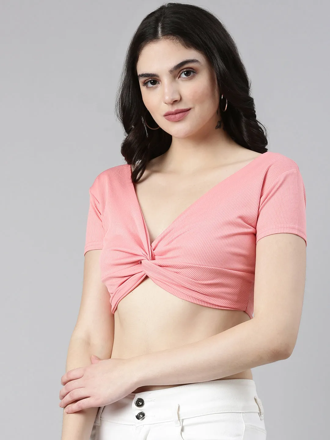 Women's Coral V-Neck Twisted Crop Top Classic Cut UltraLightweight