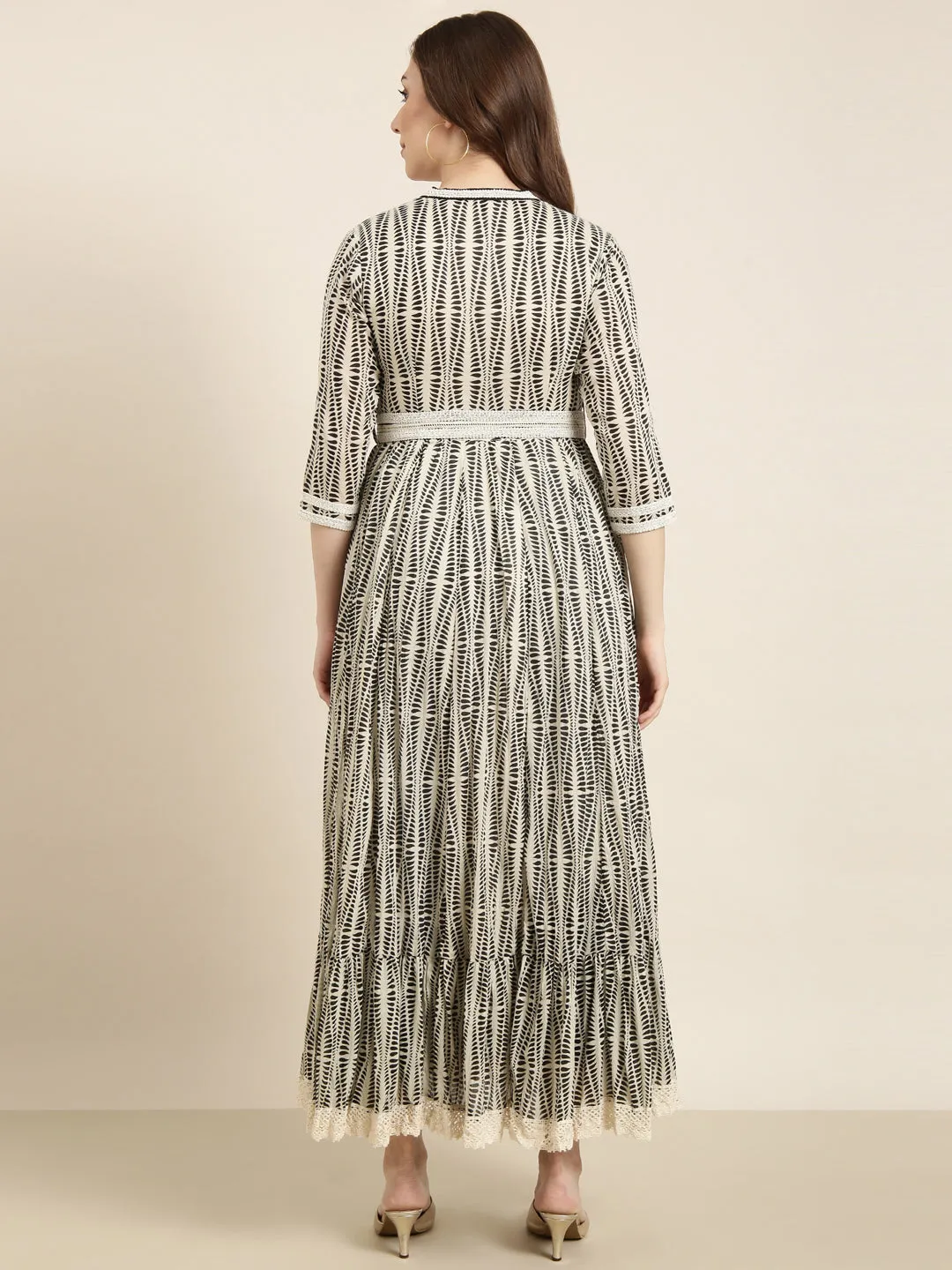 Romantic Style Classic structured dress Women's Cream Abstract Printed Cotton Fit & Flare Dress With Belt