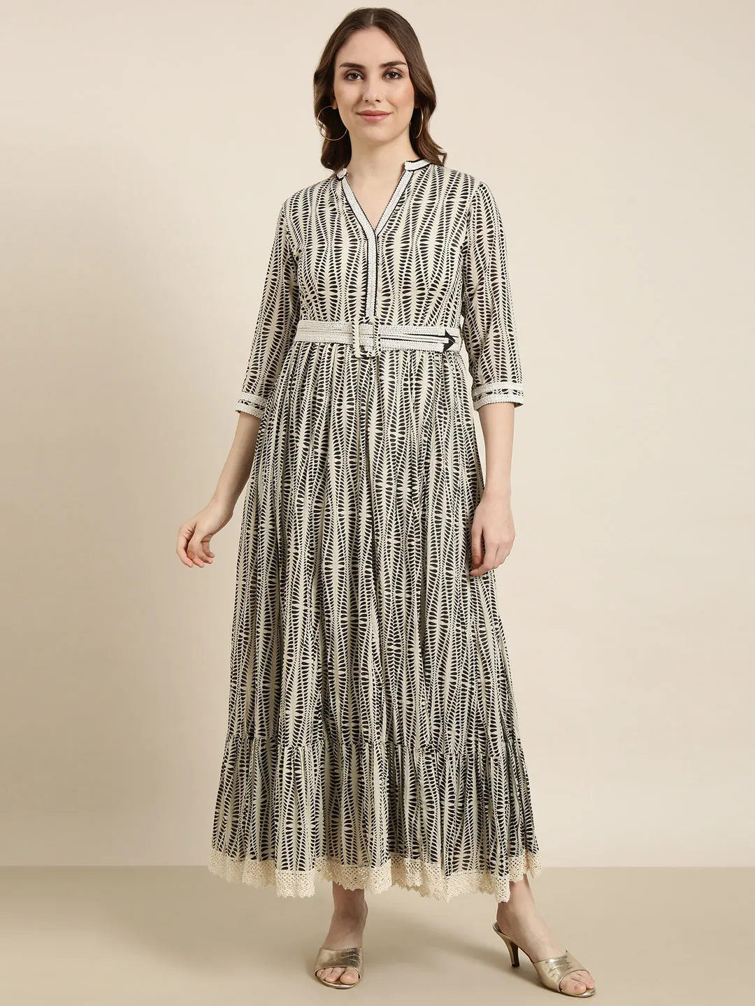 Chic Statement Flattering Comfort Wear Women's Cream Abstract Printed Cotton Fit & Flare Dress With Belt