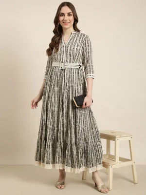 All Purpose Elegant Silhouette Women's Cream Abstract Printed Cotton Fit & Flare Dress With Belt