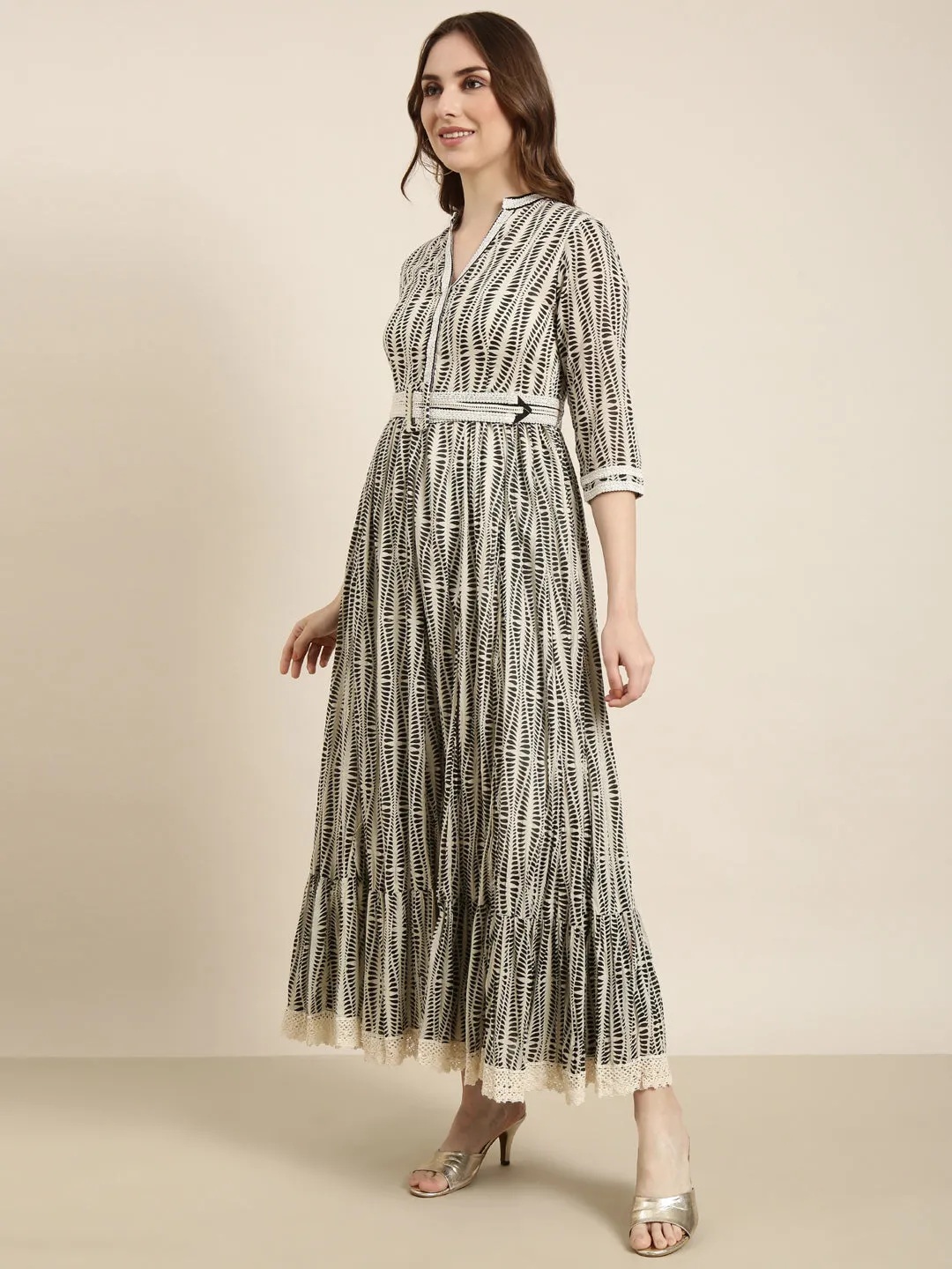 Women's Cream Abstract Printed Cotton Fit & Flare Dress With Belt Timeless elegance Asymmetrical hem