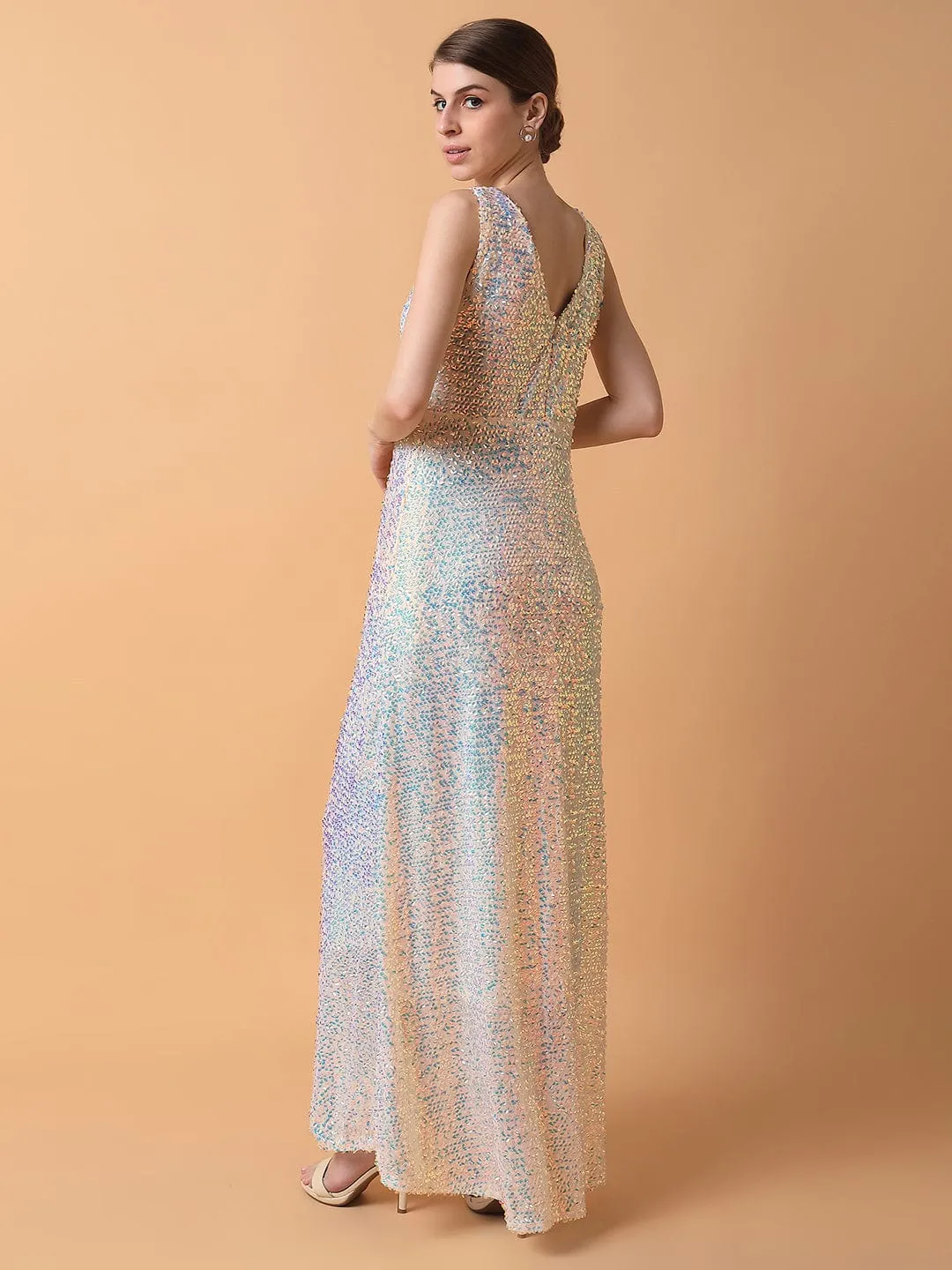 Lined interior Quiet Luxury Women's Cream Embellished Maxi Dress