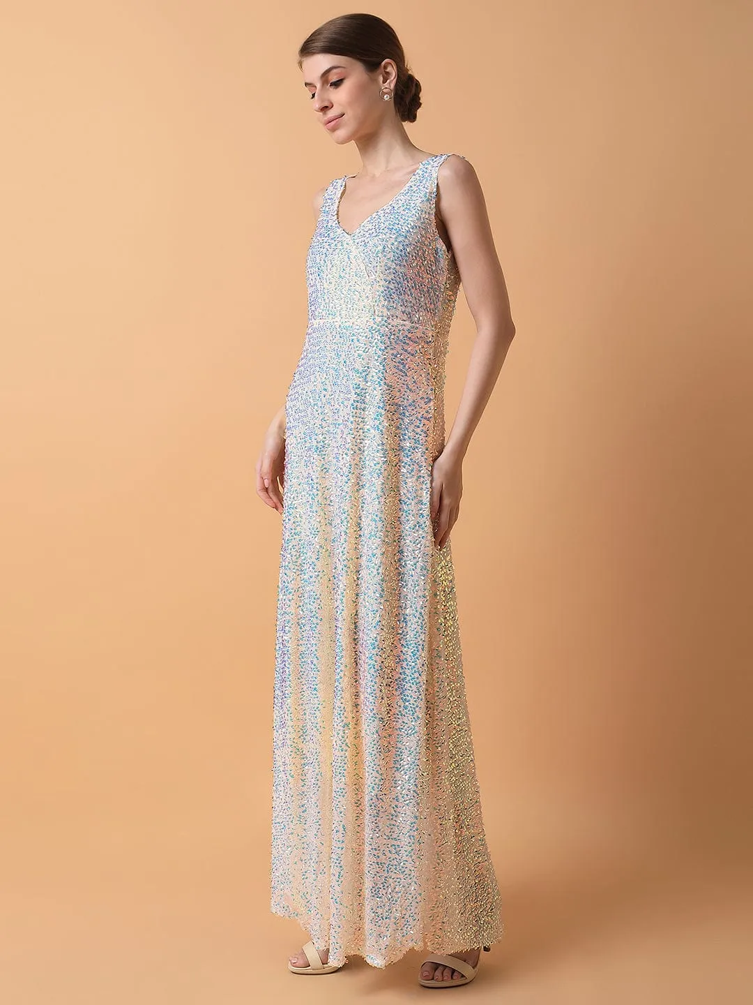 Women's Cream Embellished Maxi Dress Silky Surface Flare Breeze