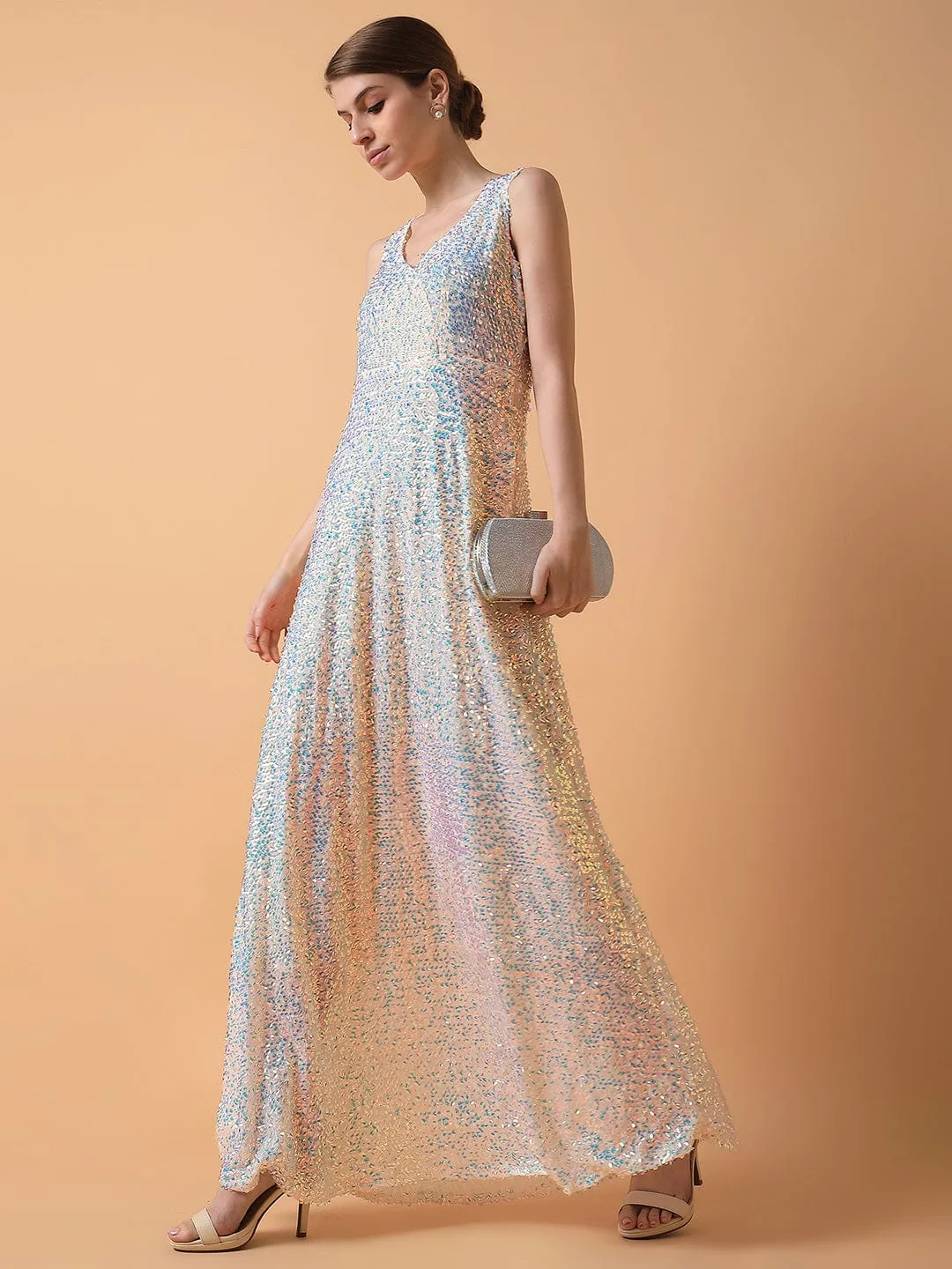 Sophisticated Edge Invisible-Zip Women's Cream Embellished Maxi Dress