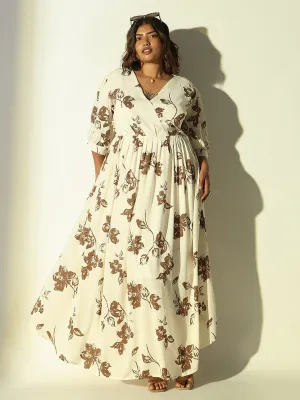 Women's Cream Floral Fit and Flare Dress Metallic-Shine