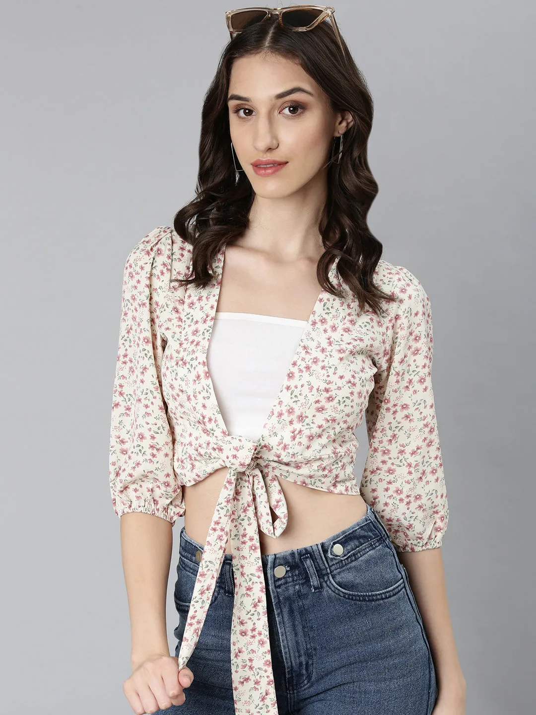 Eco friendly materials Women's Cream Floral Printed Puff Sleeves Wrap Crop Top