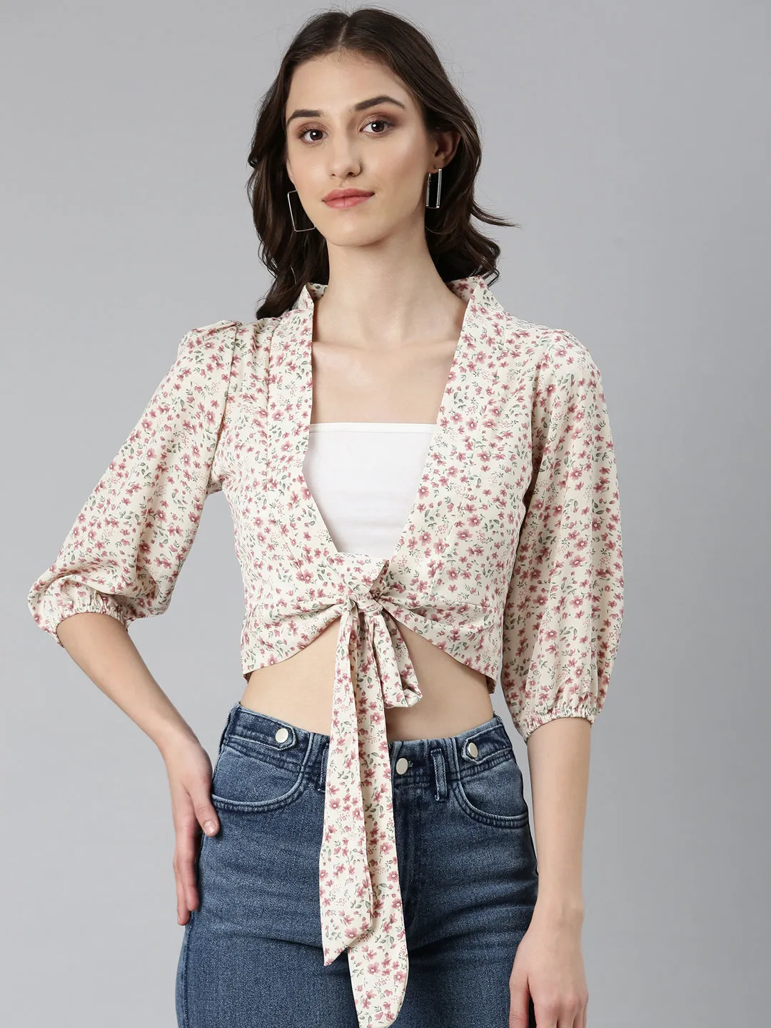 in demand AllWeatherComfort Women's Cream Floral Printed Puff Sleeves Wrap Crop Top
